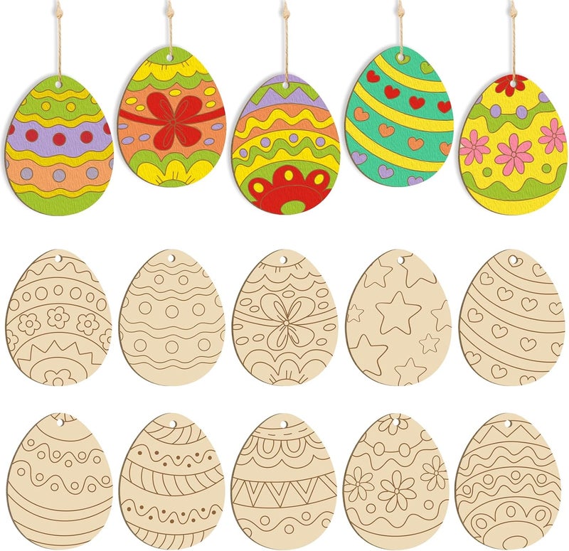 Sophena Large Size 7" Wooden Easter Ornaments to Paint, Egg Wooden DIY Blank Unfinished Round Wood Discs Ornament for Crafts Hanging Decorations(10 Different Patterns) - Image 1